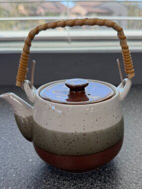 Vintage Japan Stoneware Teapot Rattan Handle Brown Cream Speckled Japanese Potte